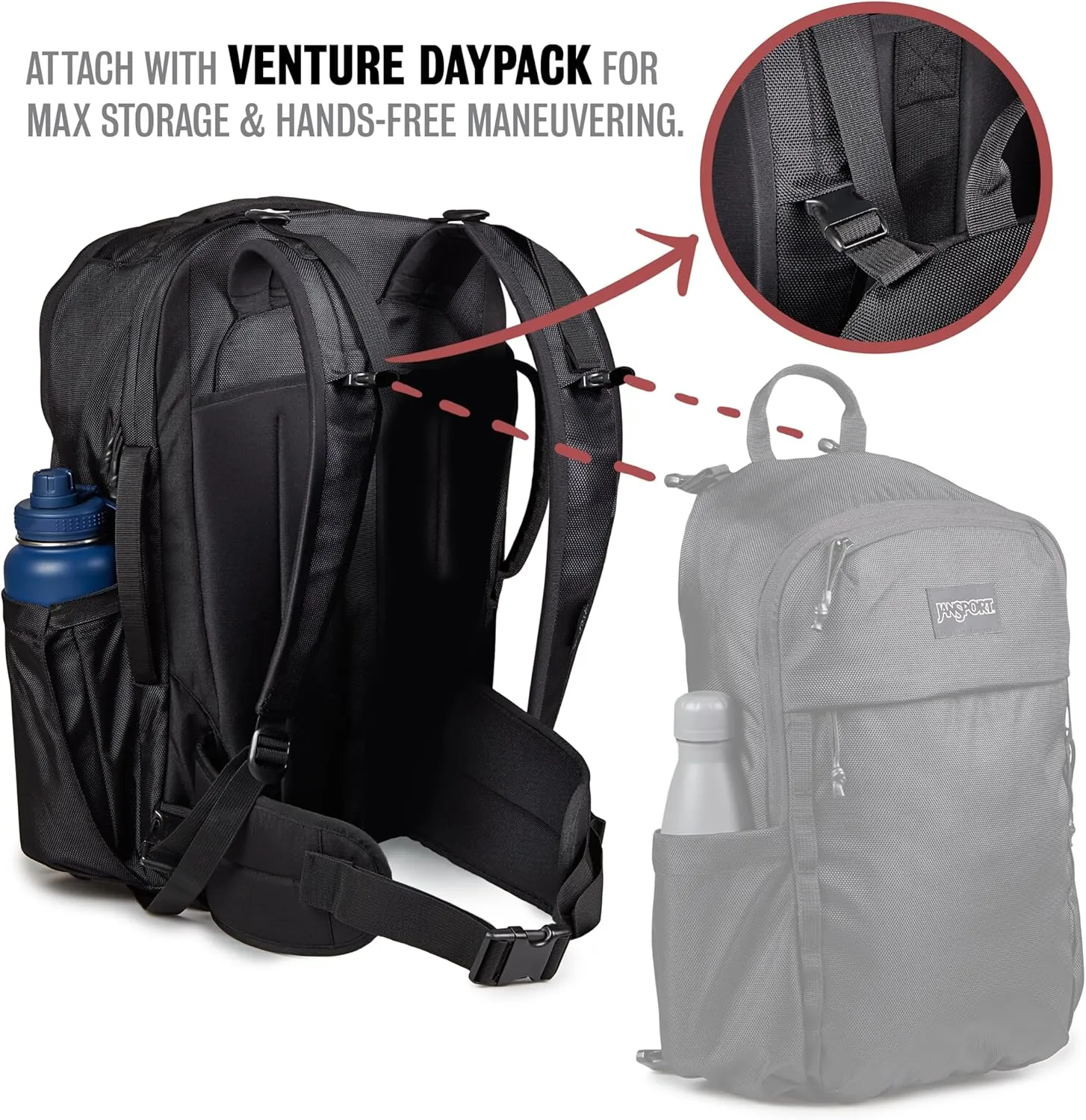 JanSport Venture Daypack – Travel Pack With Large Main Compartment, Padded Laptop Sleeve, Dual Water Bottle Pockets, and Attachment Buckles, Black