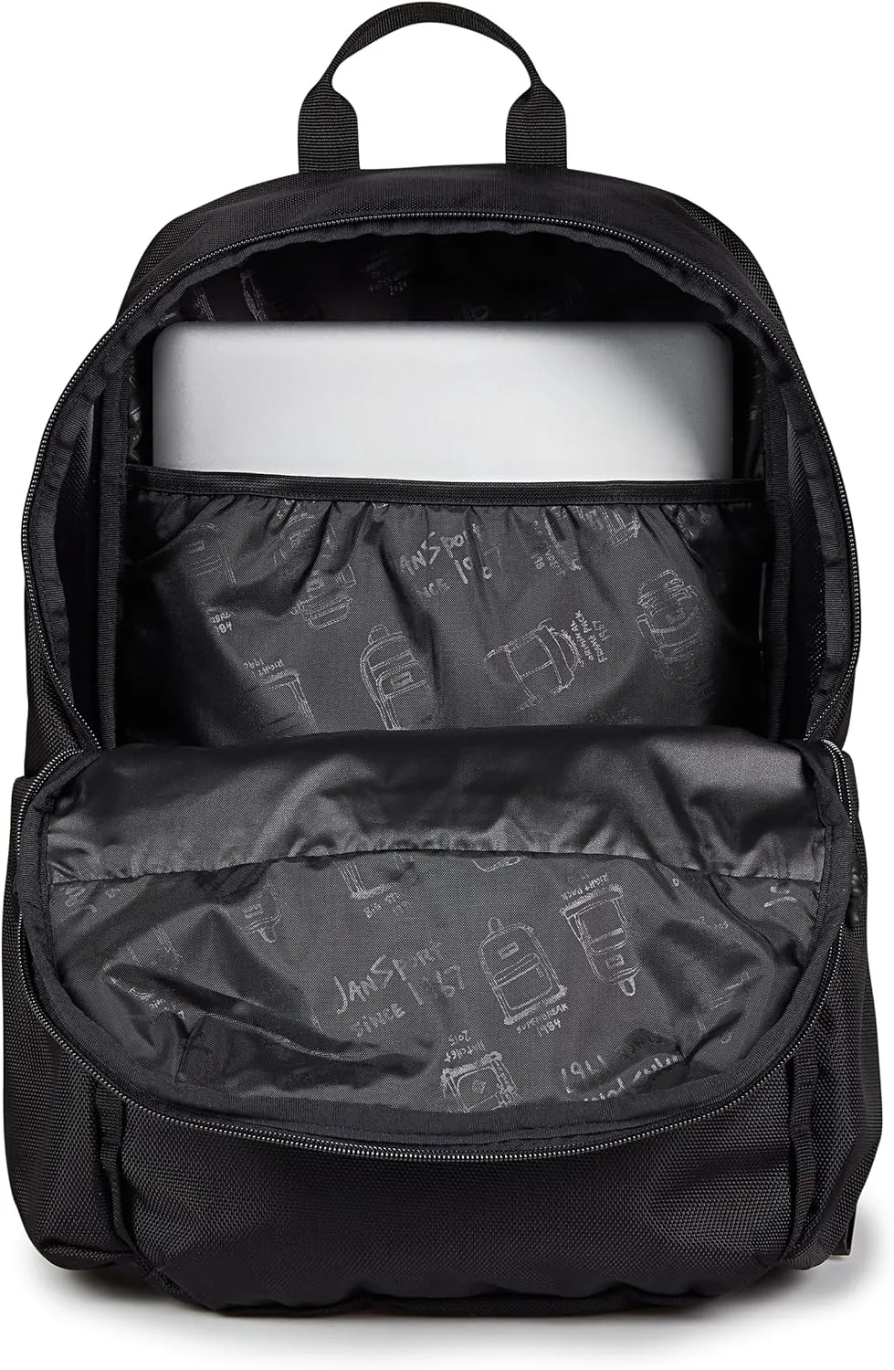 JanSport Venture Daypack – Travel Pack With Large Main Compartment, Padded Laptop Sleeve, Dual Water Bottle Pockets, and Attachment Buckles, Black