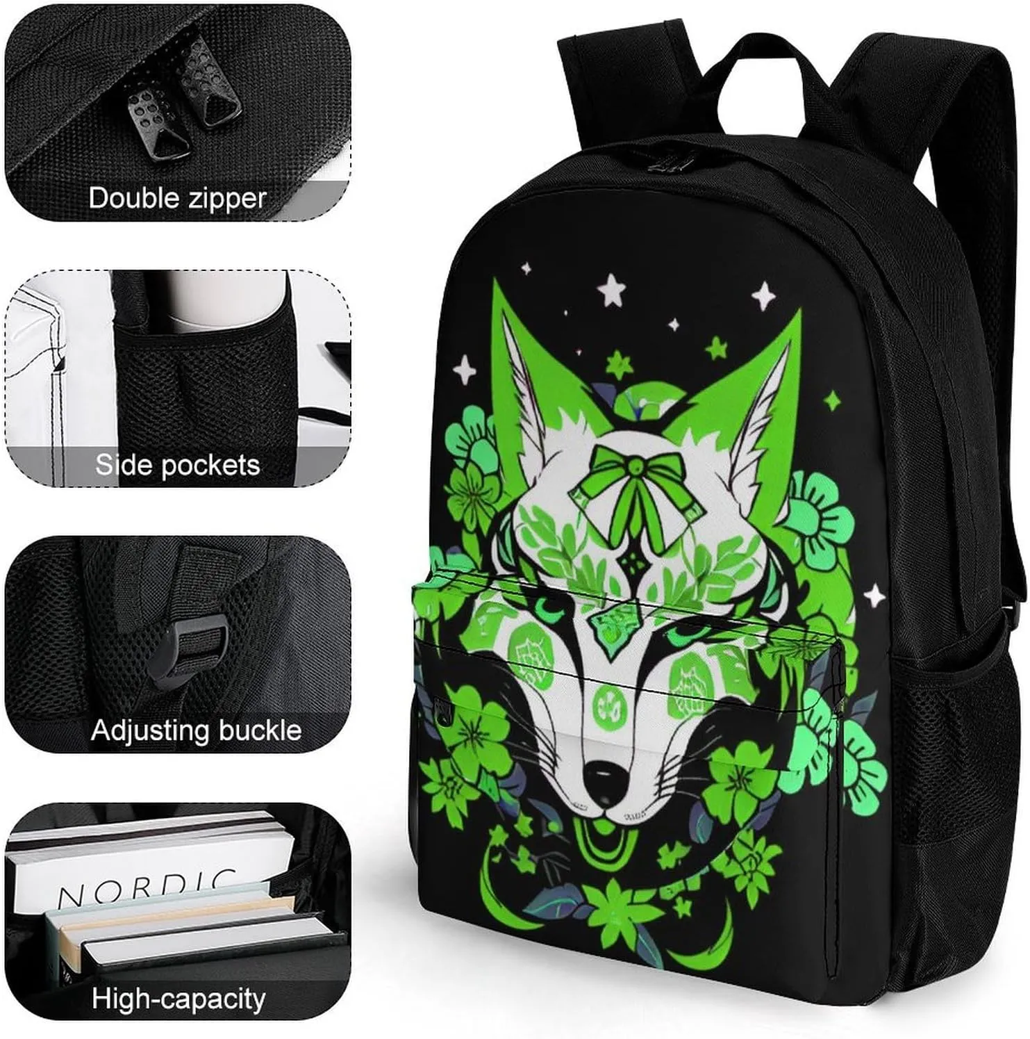 Japanese Kitsune Fox Magical Flowers Art Rucksacks Polyester Anti-Theft Multipurpose Carry On Bag Large Capacity Gym Outdoor Hiking Backpack With Smooth Zippers