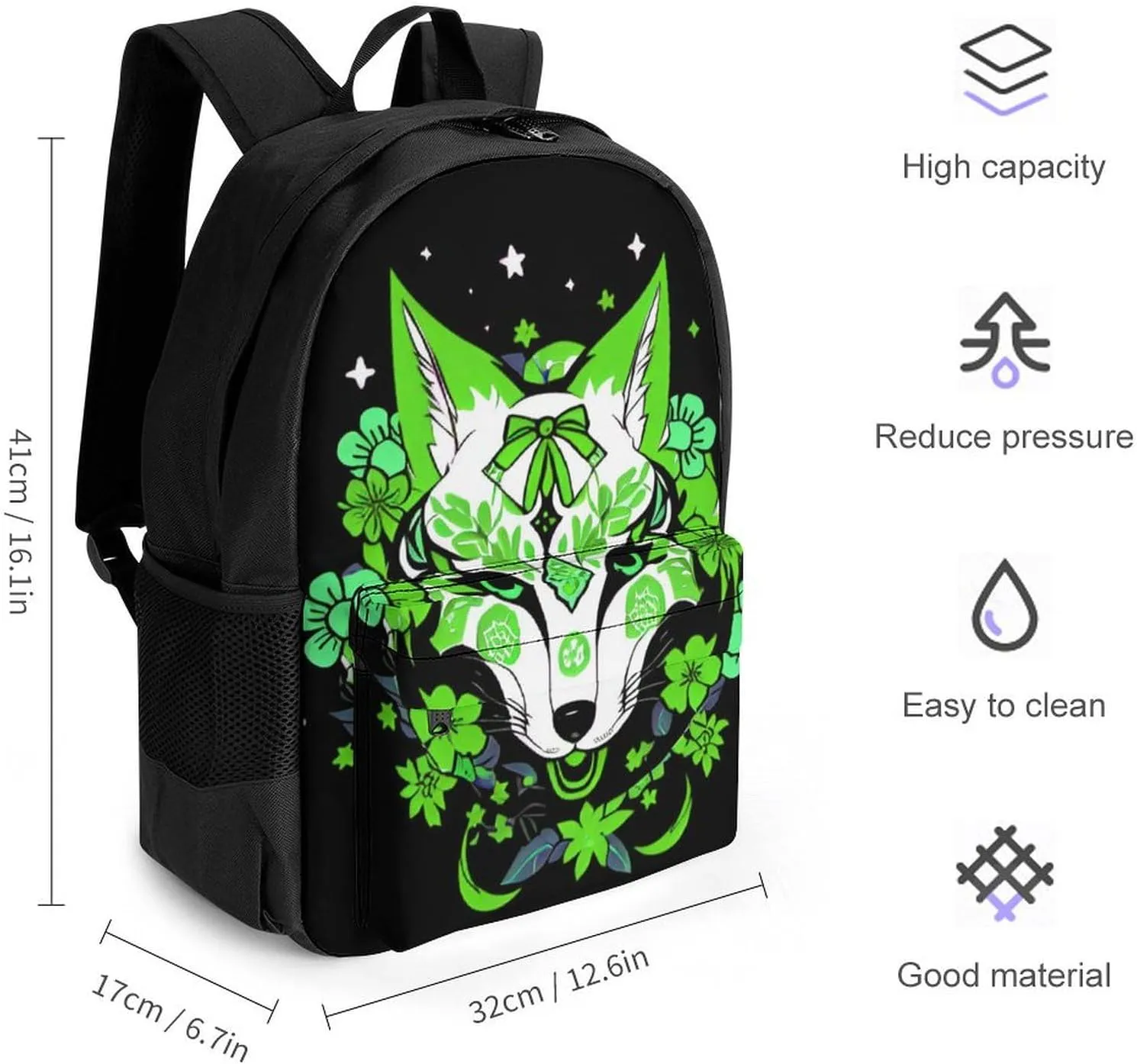 Japanese Kitsune Fox Magical Flowers Art Rucksacks Polyester Anti-Theft Multipurpose Carry On Bag Large Capacity Gym Outdoor Hiking Backpack With Smooth Zippers