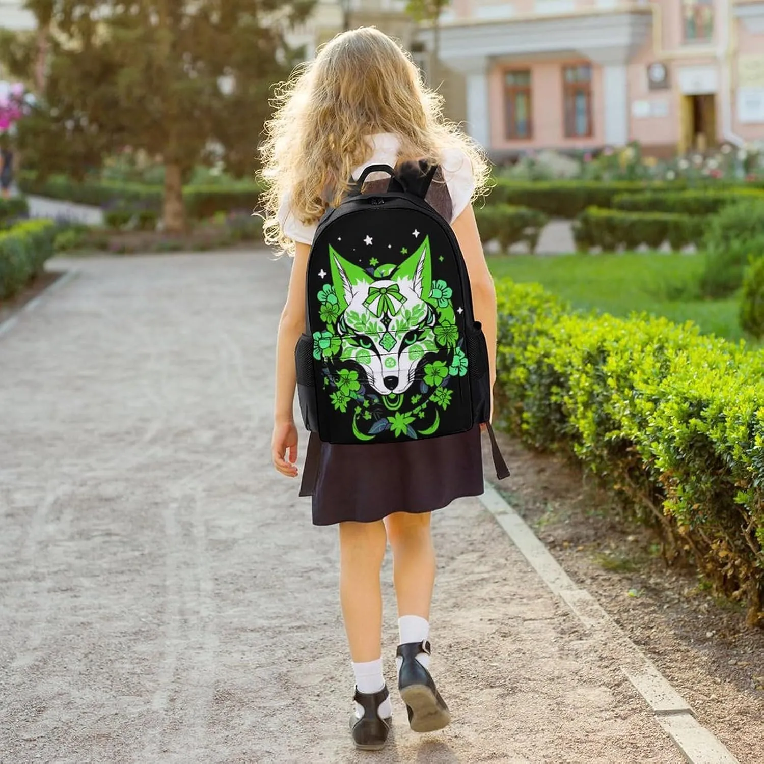 Japanese Kitsune Fox Magical Flowers Art Rucksacks Polyester Anti-Theft Multipurpose Carry On Bag Large Capacity Gym Outdoor Hiking Backpack With Smooth Zippers