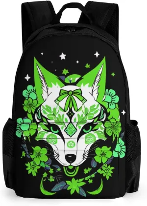 Japanese Kitsune Fox Magical Flowers Art Rucksacks Polyester Anti-Theft Multipurpose Carry On Bag Large Capacity Gym Outdoor Hiking Backpack With Smooth Zippers