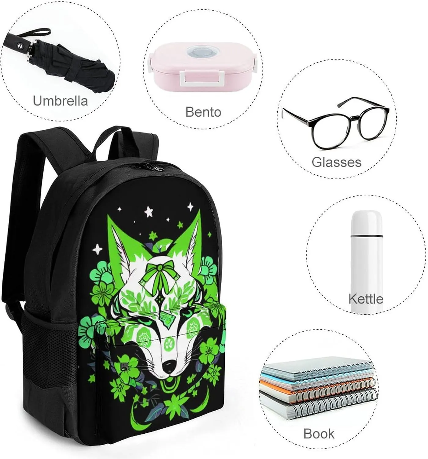 Japanese Kitsune Fox Magical Flowers Art Rucksacks Polyester Anti-Theft Multipurpose Carry On Bag Large Capacity Gym Outdoor Hiking Backpack With Smooth Zippers