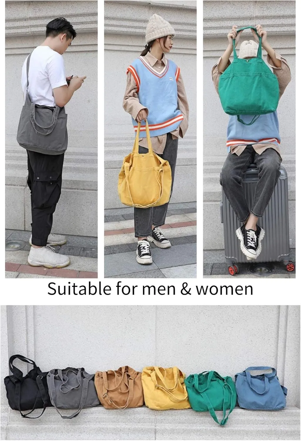 Jeelow Canvas Tote Handbag Shoulder Crossbody Bags Purses With Pockets For Men & Women
