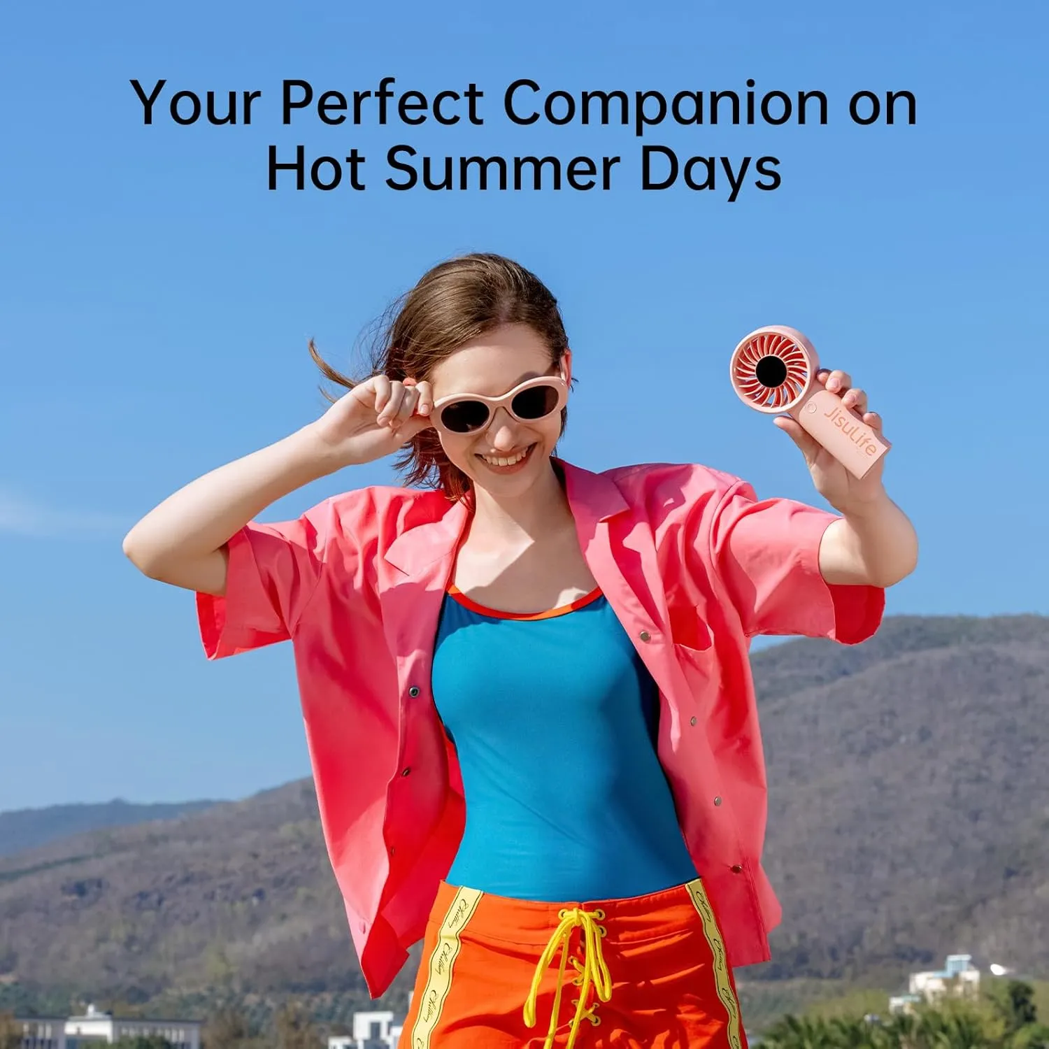 JISULIFE Handheld Portable Fan with Powerful Motor,LED Display,5000mAh Battery,5 Wind Speeds,Lanyard; Summer Essentials USB Rechargeable Hand held Fan for Travel,Beach,Makeup,Concerts-Pink