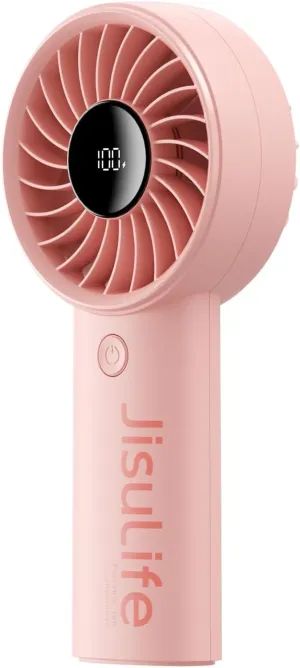 JISULIFE Handheld Portable Fan with Powerful Motor,LED Display,5000mAh Battery,5 Wind Speeds,Lanyard; Summer Essentials USB Rechargeable Hand held Fan for Travel,Beach,Makeup,Concerts-Pink