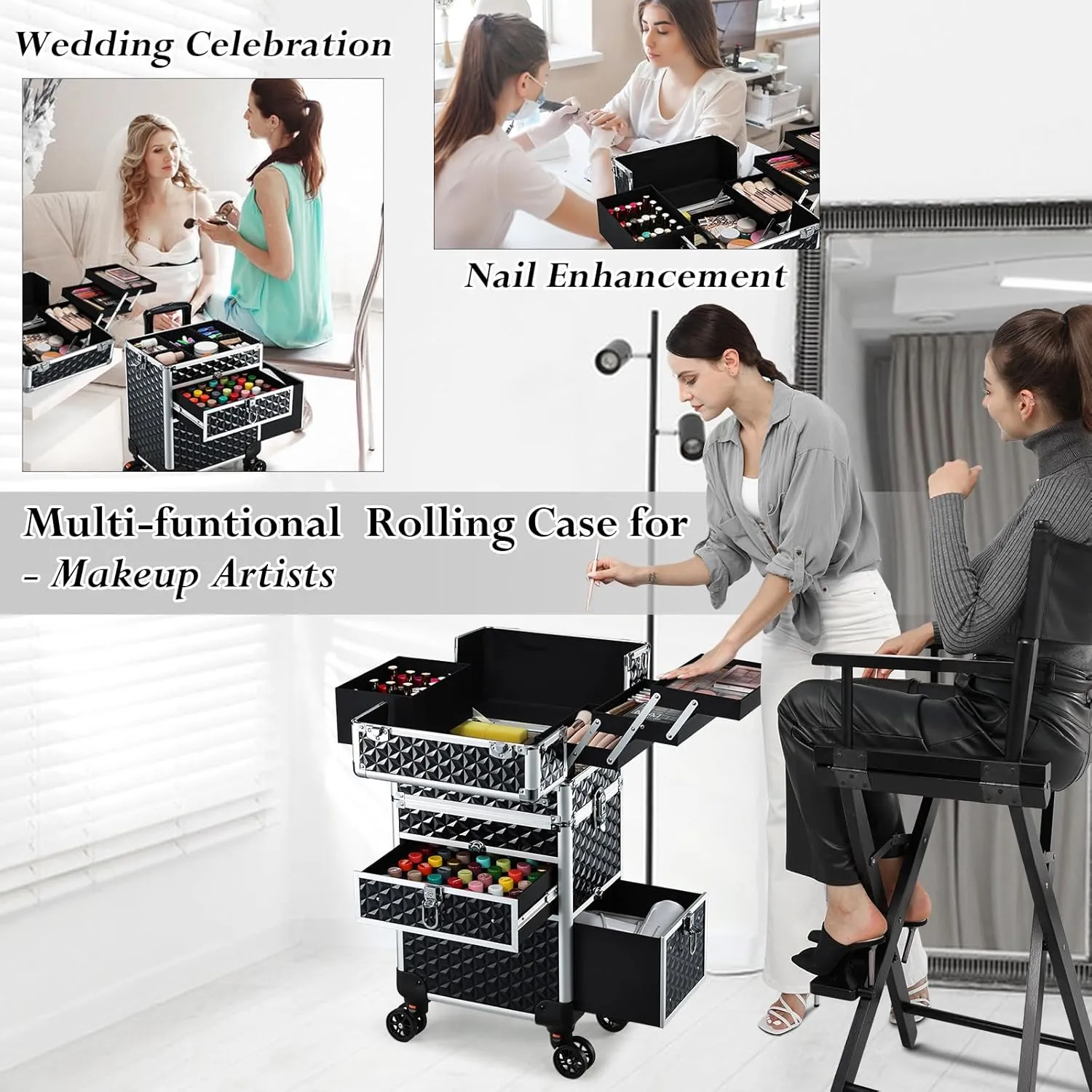 Joligrace Rolling Makeup Case with Wheels & Drawers Large Professional Cosmetology Trolley Case Lockable Travel Cosmetic Storage Train Cases for Nail Technicians, Makeup Artist and Hairstylist