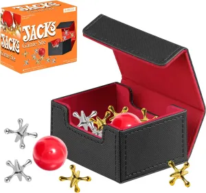 Jumping Metal Jacks Game Set with 2 Balls Classic PU Leather Storage Box 20 Nostalgic Jax Game for Family Fun Retro Play,Jackstones Games Set,Old School Floor Game