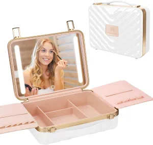 Kalolary Travel Makeup Train Cases with Lighted Mirror 3 Color Setting, Makeup Bag Cosmetic Case Organizer Adjustable Brightness Portable Makeup Storage Box For Makeup Brushes Accessories Tools,White