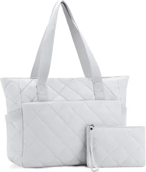 Kasqo Tote Bag for Women, Lightweight Large Quilted Puffer Tote with Zipper Carry On Nurse Bag for Travel Work with Pouch