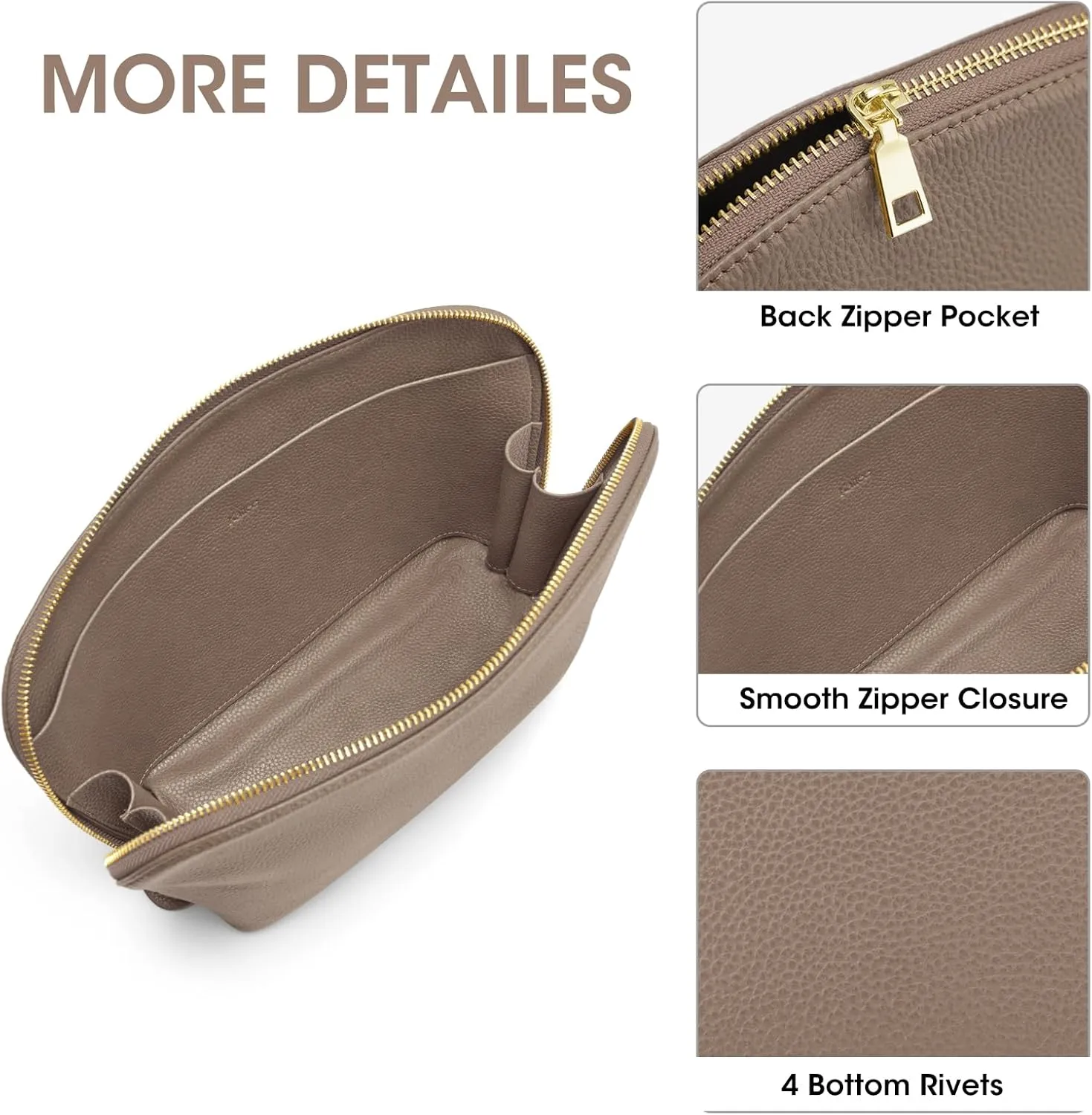 Kattee Leather Makeup Bag, Travel Cosmetic Bag Set, Toiletry Bag Organizer for Women, 2-PACK, Khaki