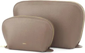 Kattee Leather Makeup Bag, Travel Cosmetic Bag Set, Toiletry Bag Organizer for Women, 2-PACK, Khaki