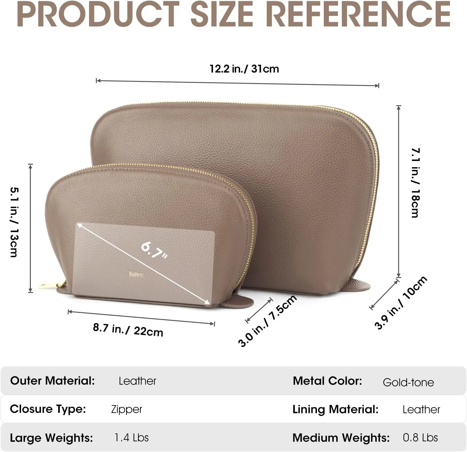 Kattee Leather Makeup Bag, Travel Cosmetic Bag Set, Toiletry Bag Organizer for Women, 2-PACK, Khaki
