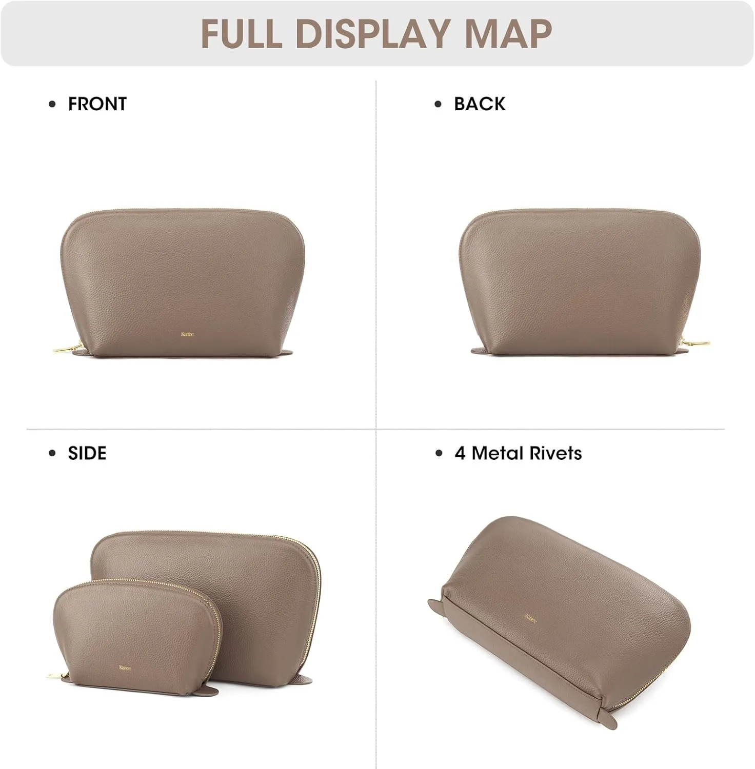 Kattee Leather Makeup Bag, Travel Cosmetic Bag Set, Toiletry Bag Organizer for Women, 2-PACK, Khaki