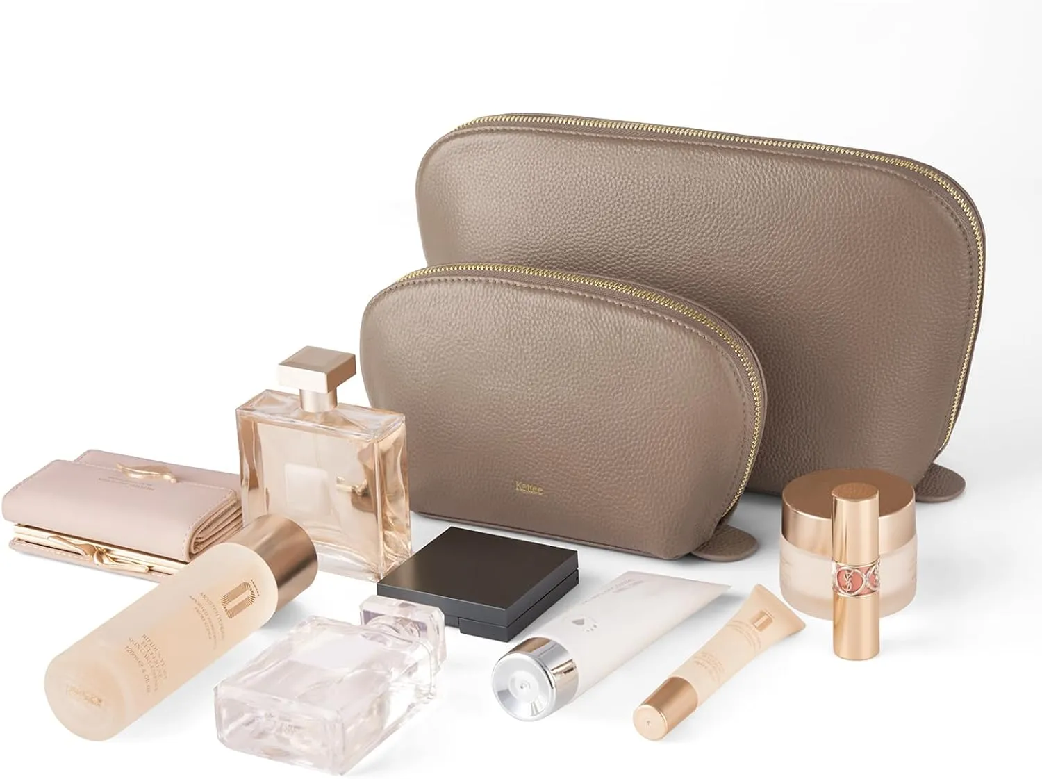Kattee Leather Makeup Bag, Travel Cosmetic Bag Set, Toiletry Bag Organizer for Women, 2-PACK, Khaki