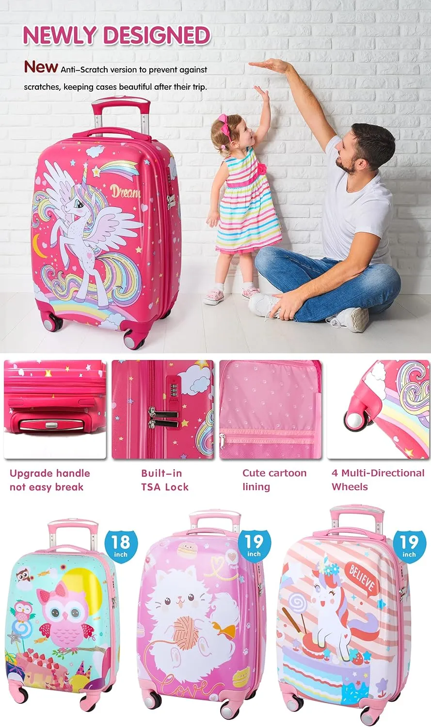 Kids Carry On Luggage Children Rolling Suitcase with 4 Wheels Hardshell Case for Toddler baby Travel (Unicorn)
