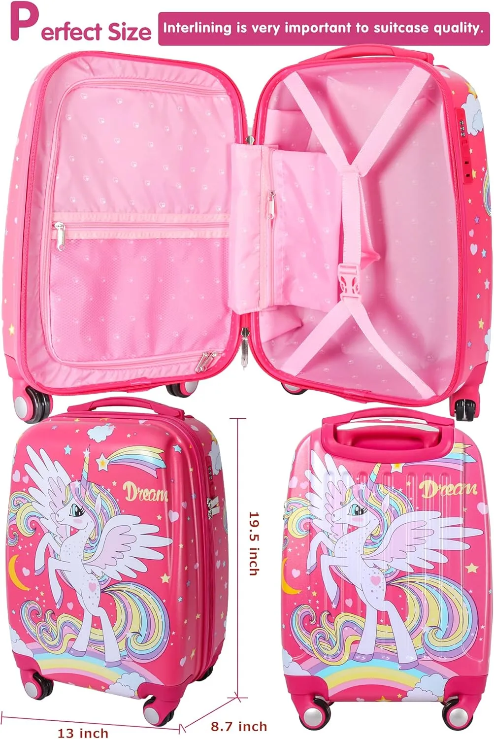 Kids Carry On Luggage Children Rolling Suitcase with 4 Wheels Hardshell Case for Toddler baby Travel (Unicorn)