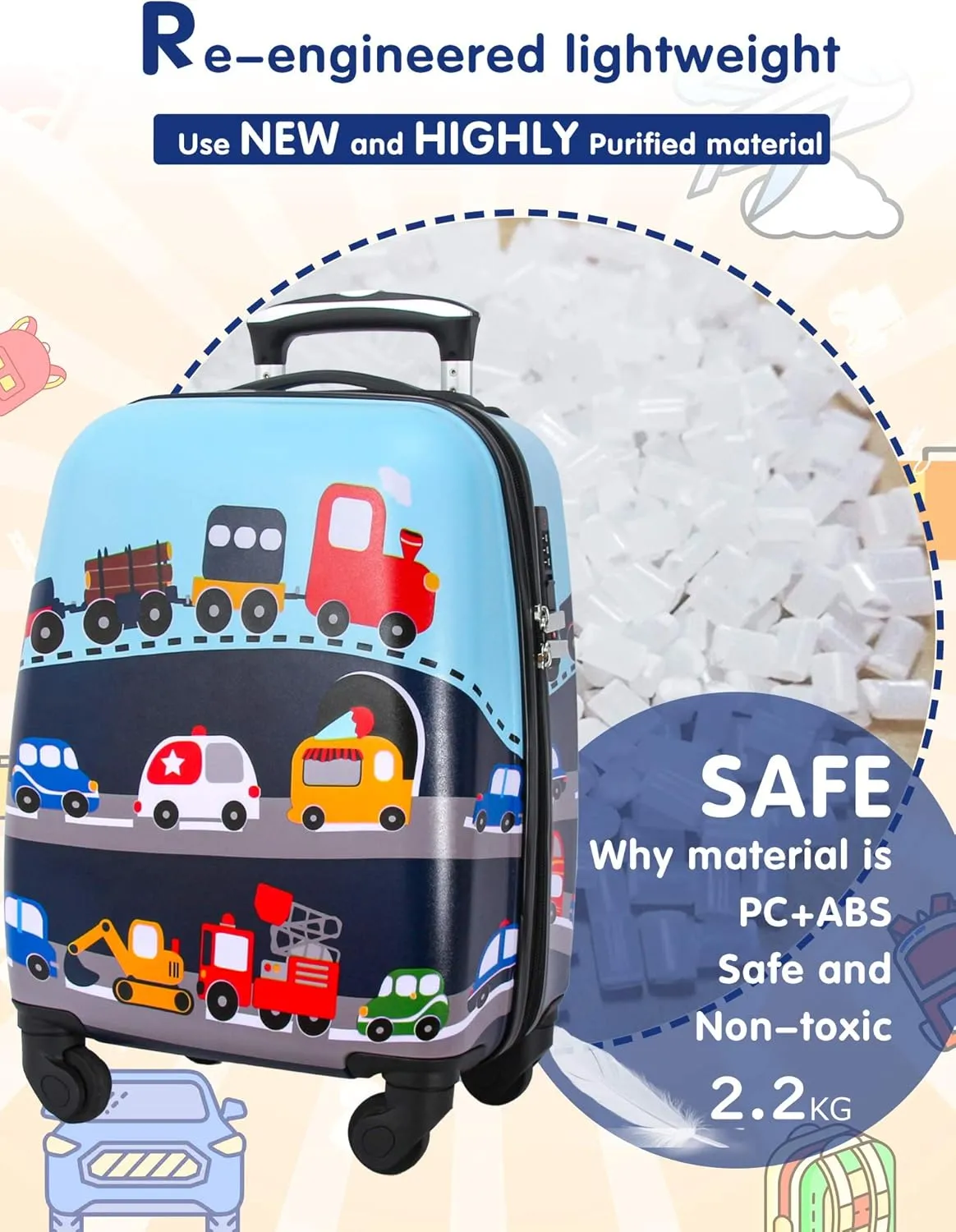 Kids Carry On Luggage Children Rolling Suitcase with 4 Wheels Hardshell Case for Toddler to Travel (Car)