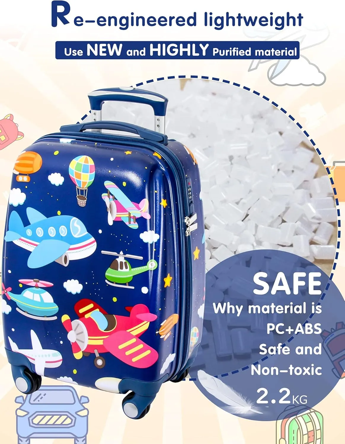 Kids Carry On Luggage for Boy's, Girl's Children Rolling Suitcase with 4 Spinner Wheels Hardshell Case for Toddler to Travel (airplane)