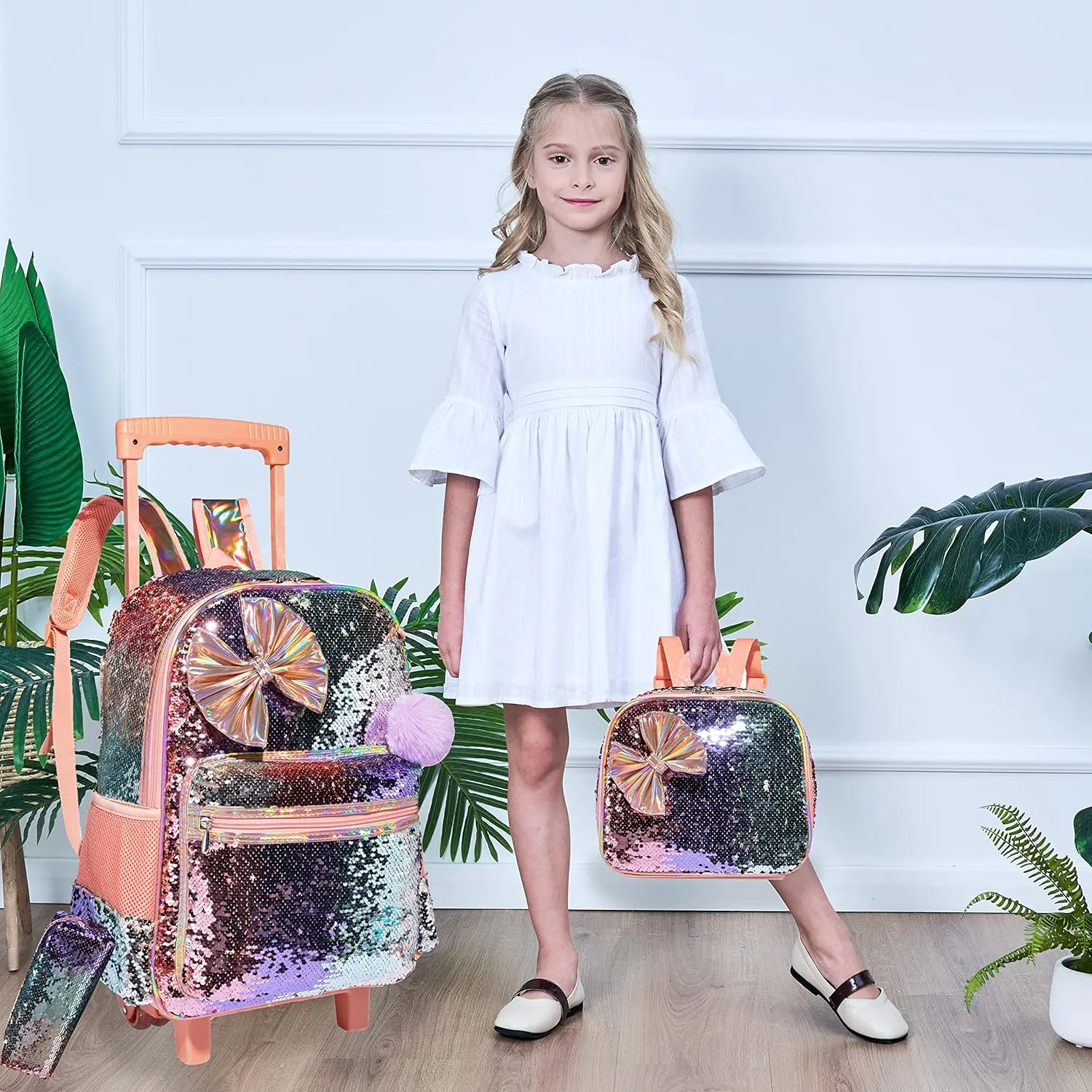 kids Rolling Kid Travel Toddler Duffle Bag Bow Tie Backpack for Girls Carry on Luggage Roller Computer Suitcase with Pencil Case and Lunch Box Wheels Wheeled Sequins Backpacks Girls Gradient Champagne