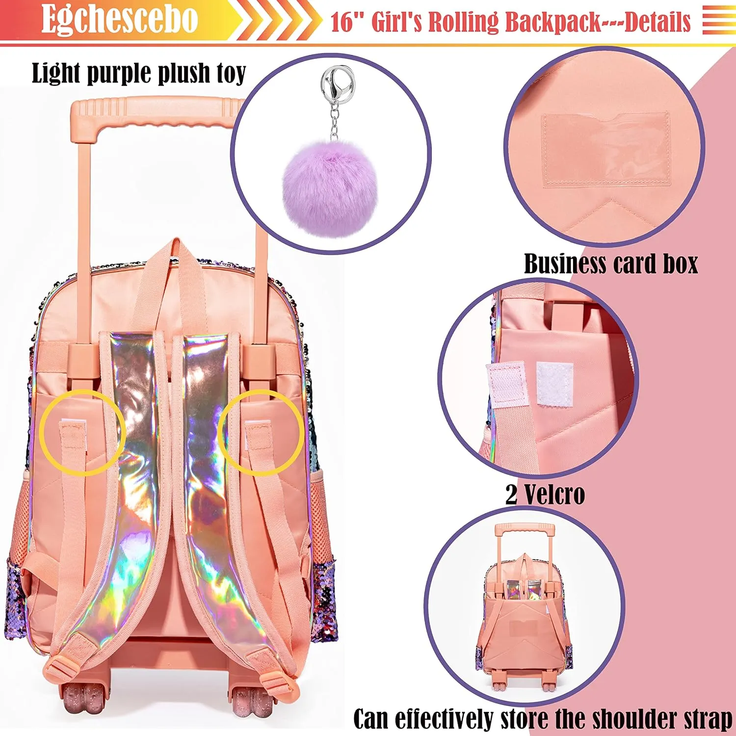 kids Rolling Kid Travel Toddler Duffle Bag Bow Tie Backpack for Girls Carry on Luggage Roller Computer Suitcase with Pencil Case and Lunch Box Wheels Wheeled Sequins Backpacks Girls Gradient Champagne