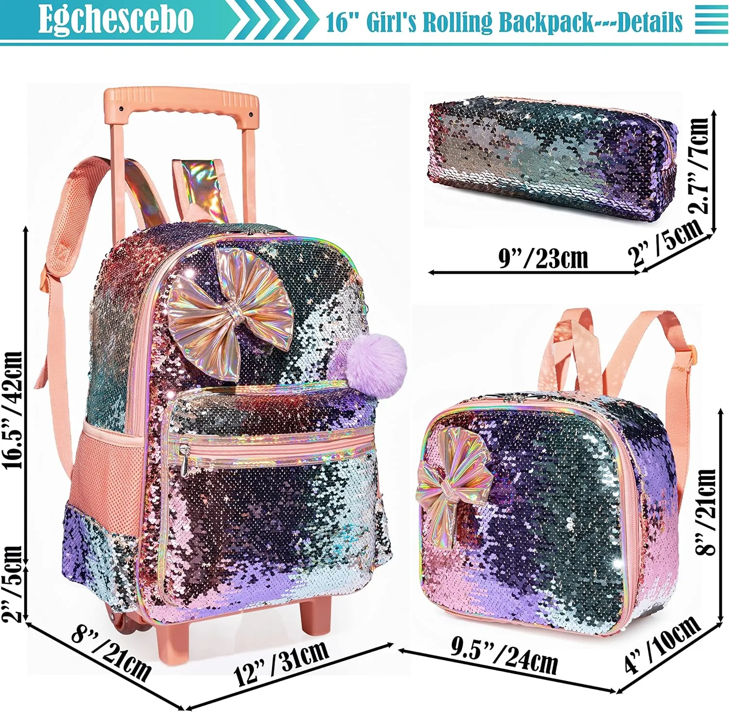 kids Rolling Kid Travel Toddler Duffle Bag Bow Tie Backpack for Girls Carry on Luggage Roller Computer Suitcase with Pencil Case and Lunch Box Wheels Wheeled Sequins Backpacks Girls Gradient Champagne