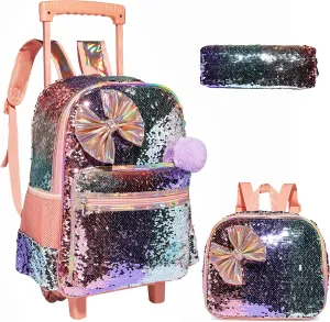 kids Rolling Kid Travel Toddler Duffle Bag Bow Tie Backpack for Girls Carry on Luggage Roller Computer Suitcase with Pencil Case and Lunch Box Wheels Wheeled Sequins Backpacks Girls Gradient Champagne