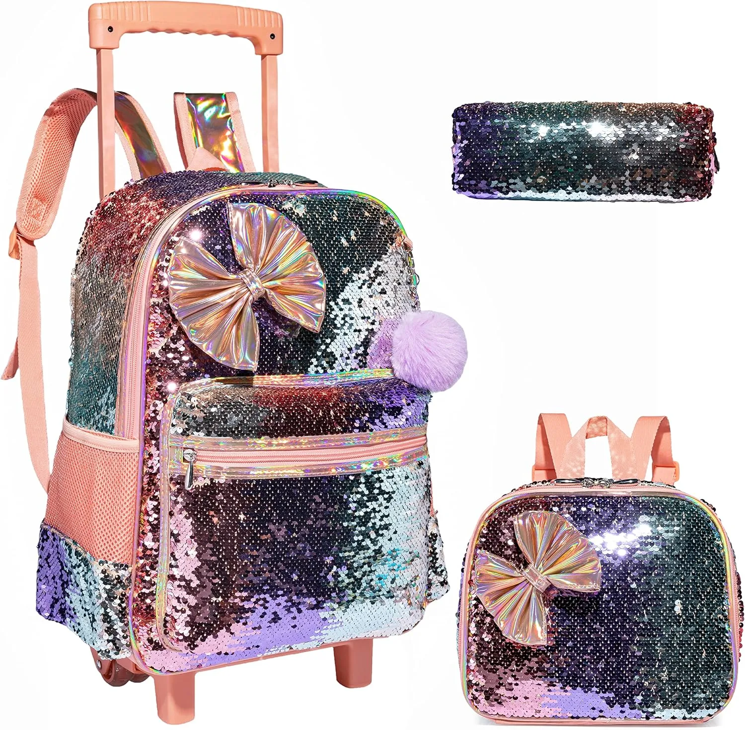 kids Rolling Kid Travel Toddler Duffle Bag Bow Tie Backpack for Girls Carry on Luggage Roller Computer Suitcase with Pencil Case and Lunch Box Wheels Wheeled Sequins Backpacks Girls Gradient Champagne