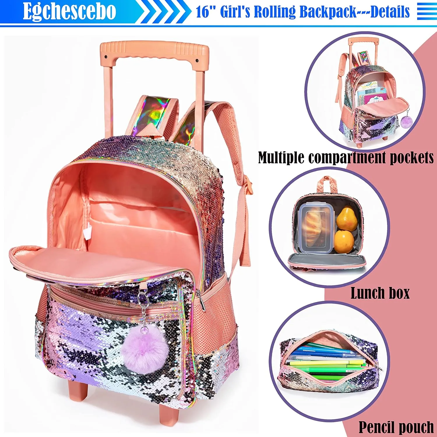 kids Rolling Kid Travel Toddler Duffle Bag Bow Tie Backpack for Girls Carry on Luggage Roller Computer Suitcase with Pencil Case and Lunch Box Wheels Wheeled Sequins Backpacks Girls Gradient Champagne
