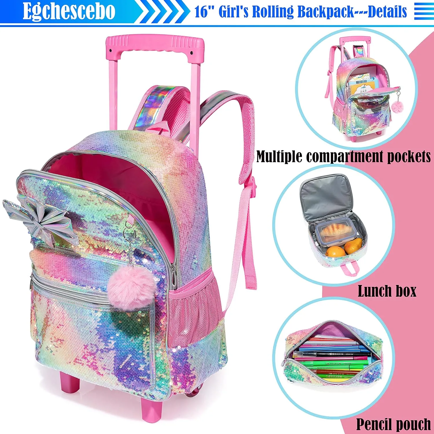 kids Rolling Kid Travel Toddler Duffle Bag Bow Tie Backpack for Girls Carry on Luggage Roller Computer Suitcase with Pencil Case and Lunch Box Wheels Wheeled Sequins Backpacks Girls Gradient Pink