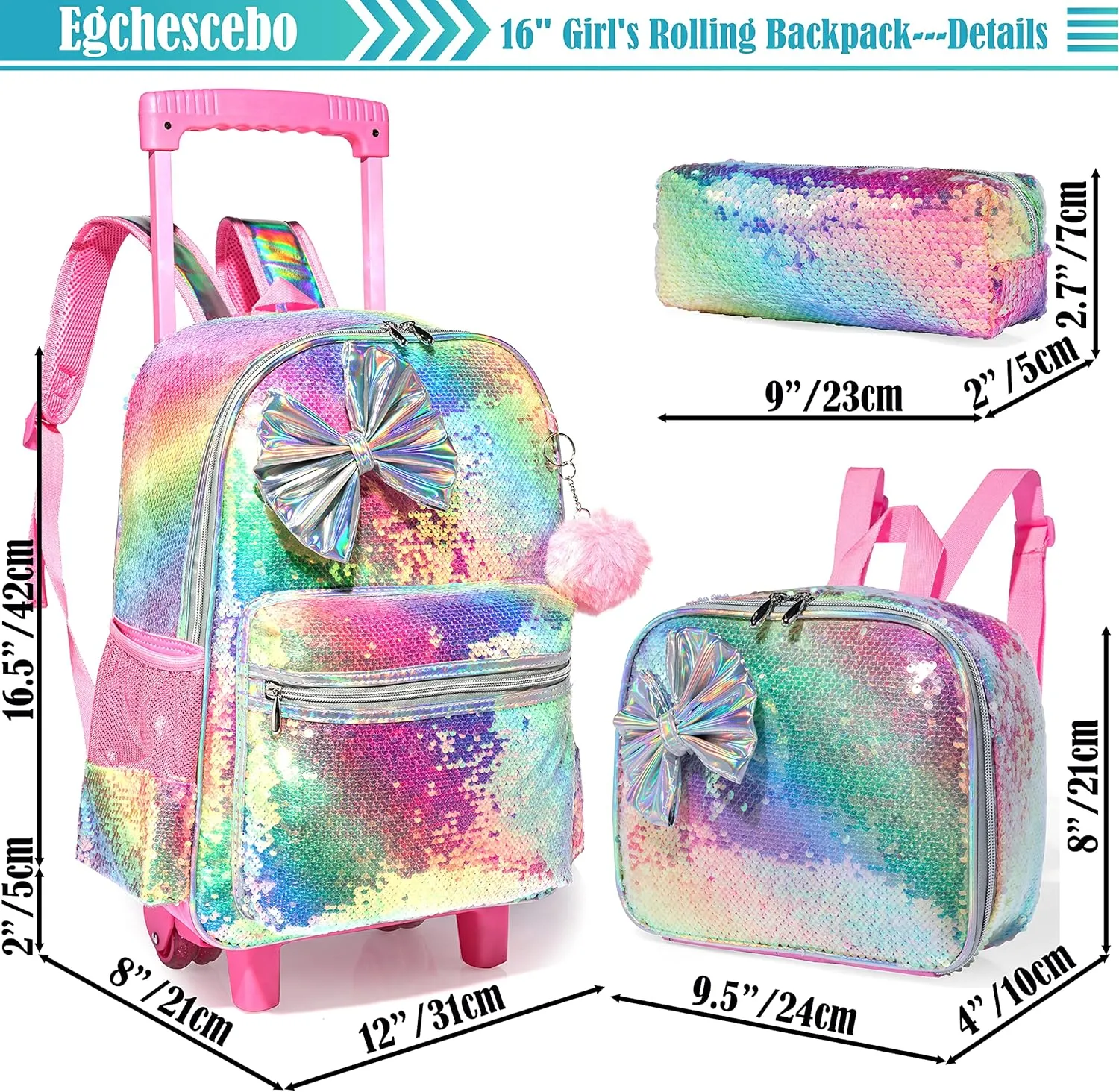 kids Rolling Kid Travel Toddler Duffle Bag Bow Tie Backpack for Girls Carry on Luggage Roller Computer Suitcase with Pencil Case and Lunch Box Wheels Wheeled Sequins Backpacks Girls Gradient Pink