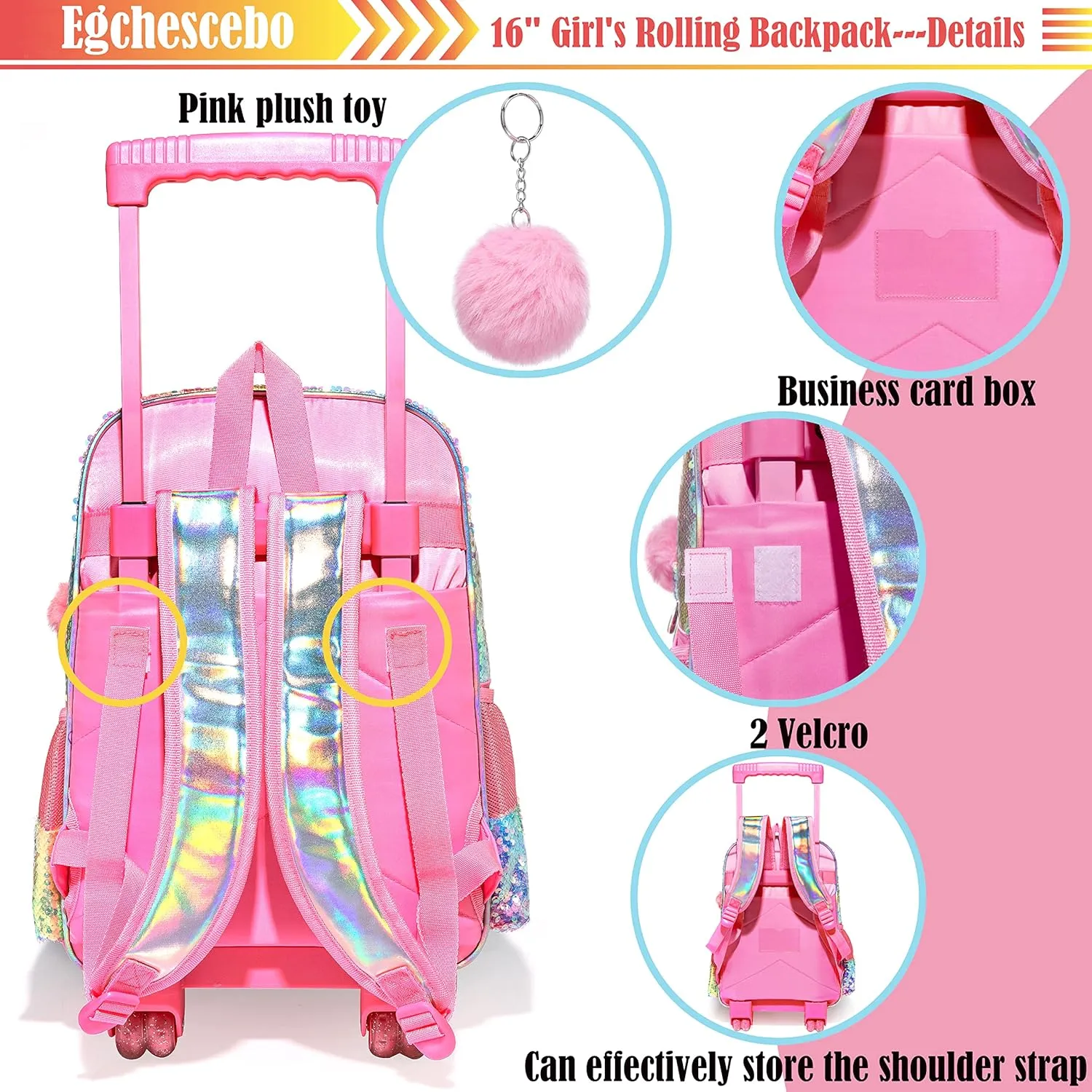 kids Rolling Kid Travel Toddler Duffle Bag Bow Tie Backpack for Girls Carry on Luggage Roller Computer Suitcase with Pencil Case and Lunch Box Wheels Wheeled Sequins Backpacks Girls Gradient Pink