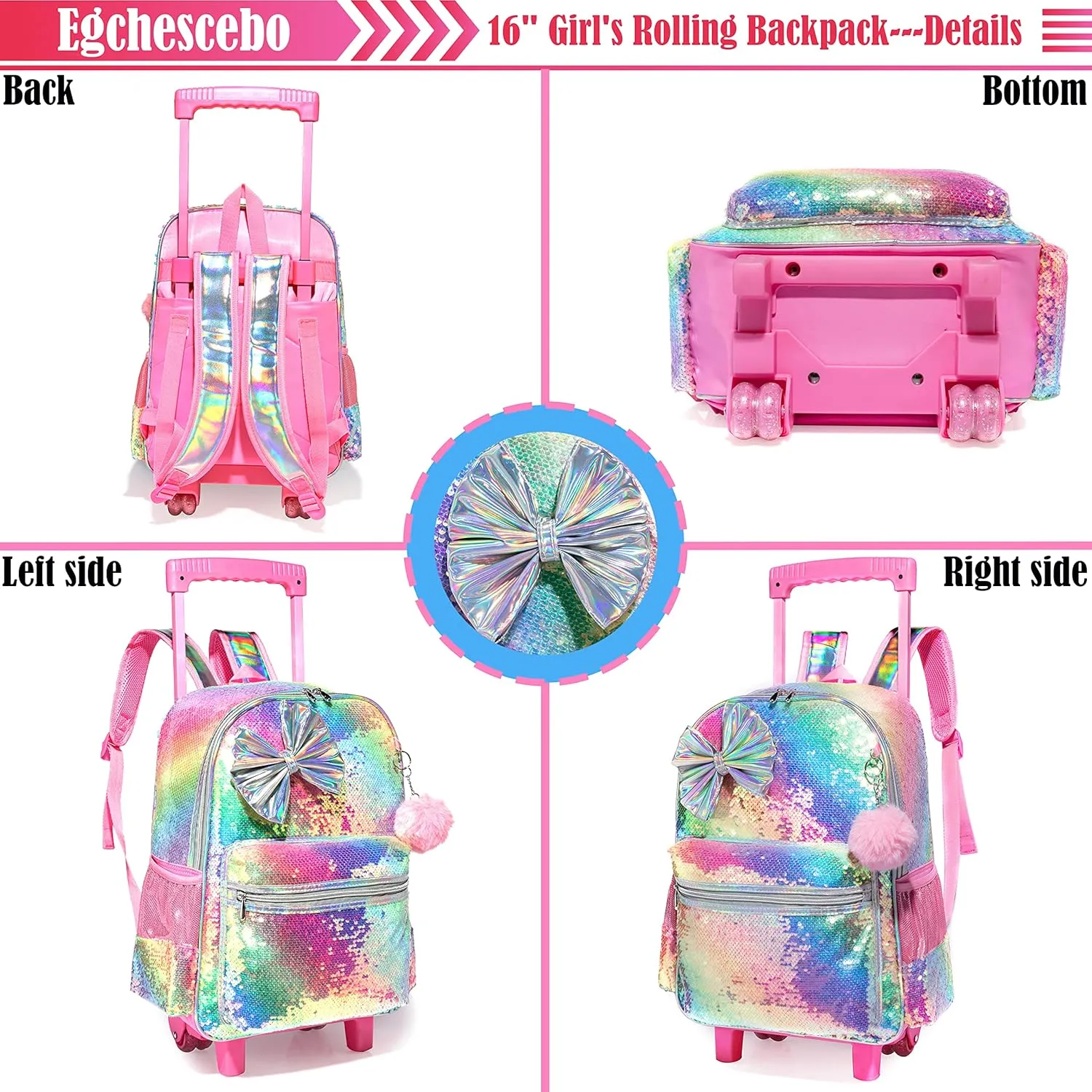 kids Rolling Kid Travel Toddler Duffle Bag Bow Tie Backpack for Girls Carry on Luggage Roller Computer Suitcase with Pencil Case and Lunch Box Wheels Wheeled Sequins Backpacks Girls Gradient Pink