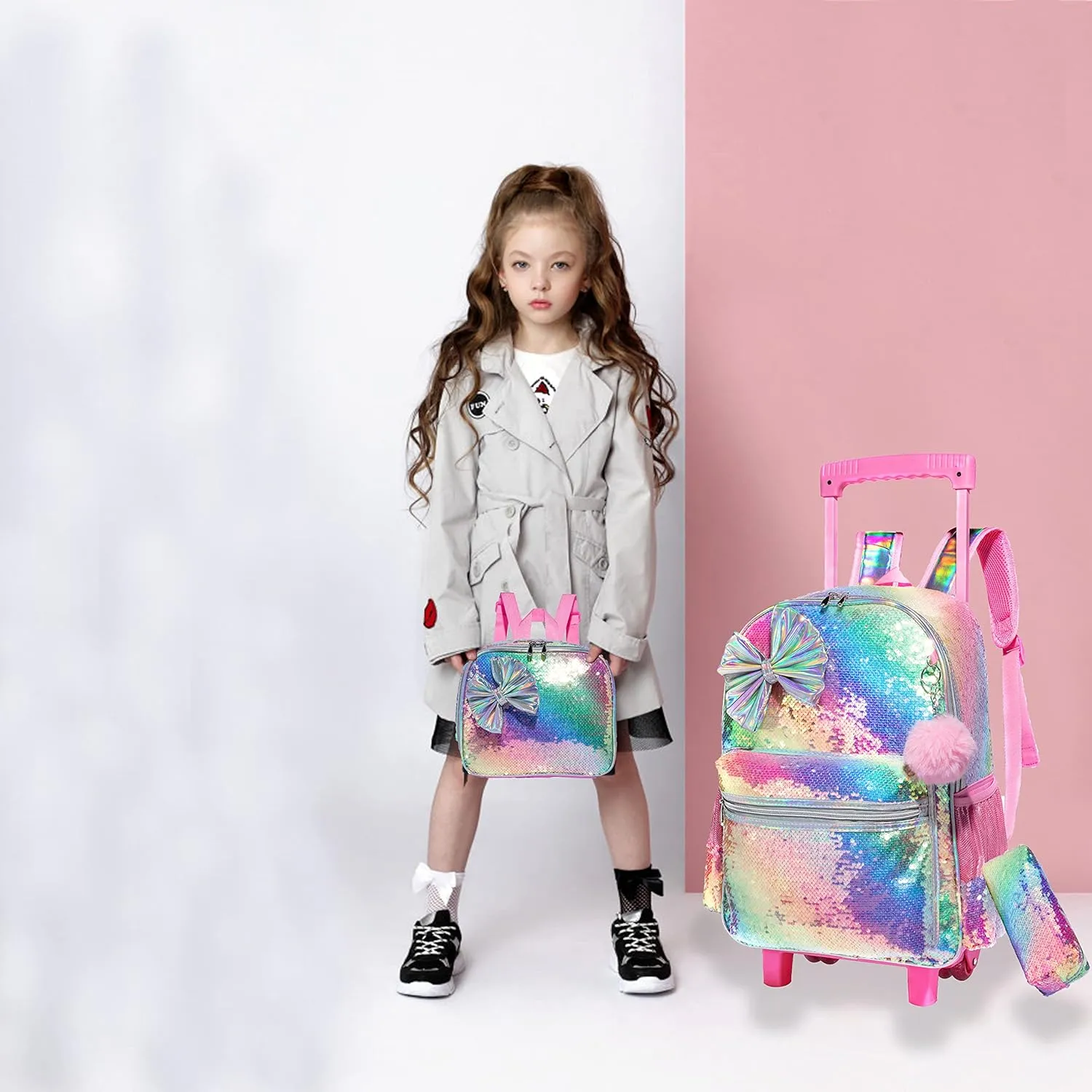 kids Rolling Kid Travel Toddler Duffle Bag Bow Tie Backpack for Girls Carry on Luggage Roller Computer Suitcase with Pencil Case and Lunch Box Wheels Wheeled Sequins Backpacks Girls Gradient Pink