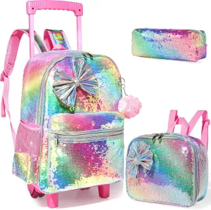 kids Rolling Kid Travel Toddler Duffle Bag Bow Tie Backpack for Girls Carry on Luggage Roller Computer Suitcase with Pencil Case and Lunch Box Wheels Wheeled Sequins Backpacks Girls Gradient Pink