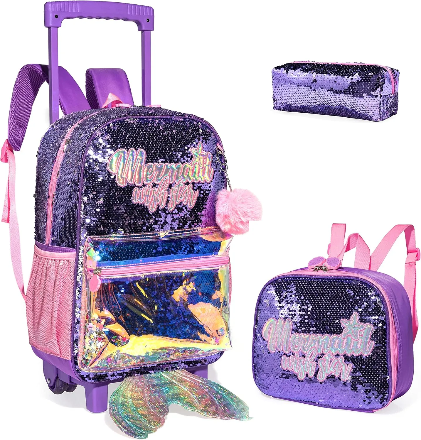 kids Rolling Kid Travel Toddler Duffle Bag Mermaid Backpack for Girls Carry on Luggage Roller Computer Suitcase with Pencil Case and Lunch Box Wheels Wheeled Sequins Backpacks Girls Gradient Purple