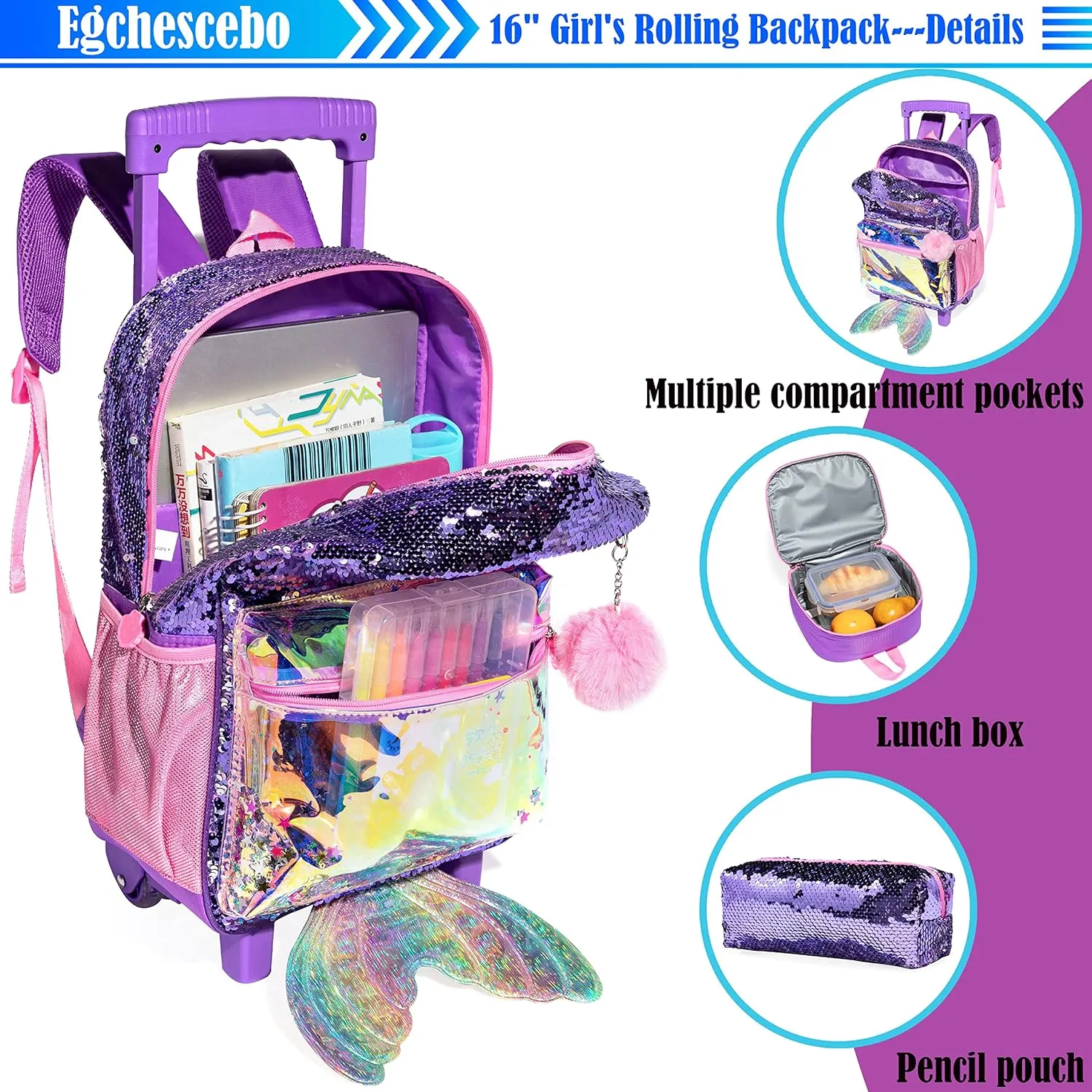 kids Rolling Kid Travel Toddler Duffle Bag Mermaid Backpack for Girls Carry on Luggage Roller Computer Suitcase with Pencil Case and Lunch Box Wheels Wheeled Sequins Backpacks Girls Gradient Purple