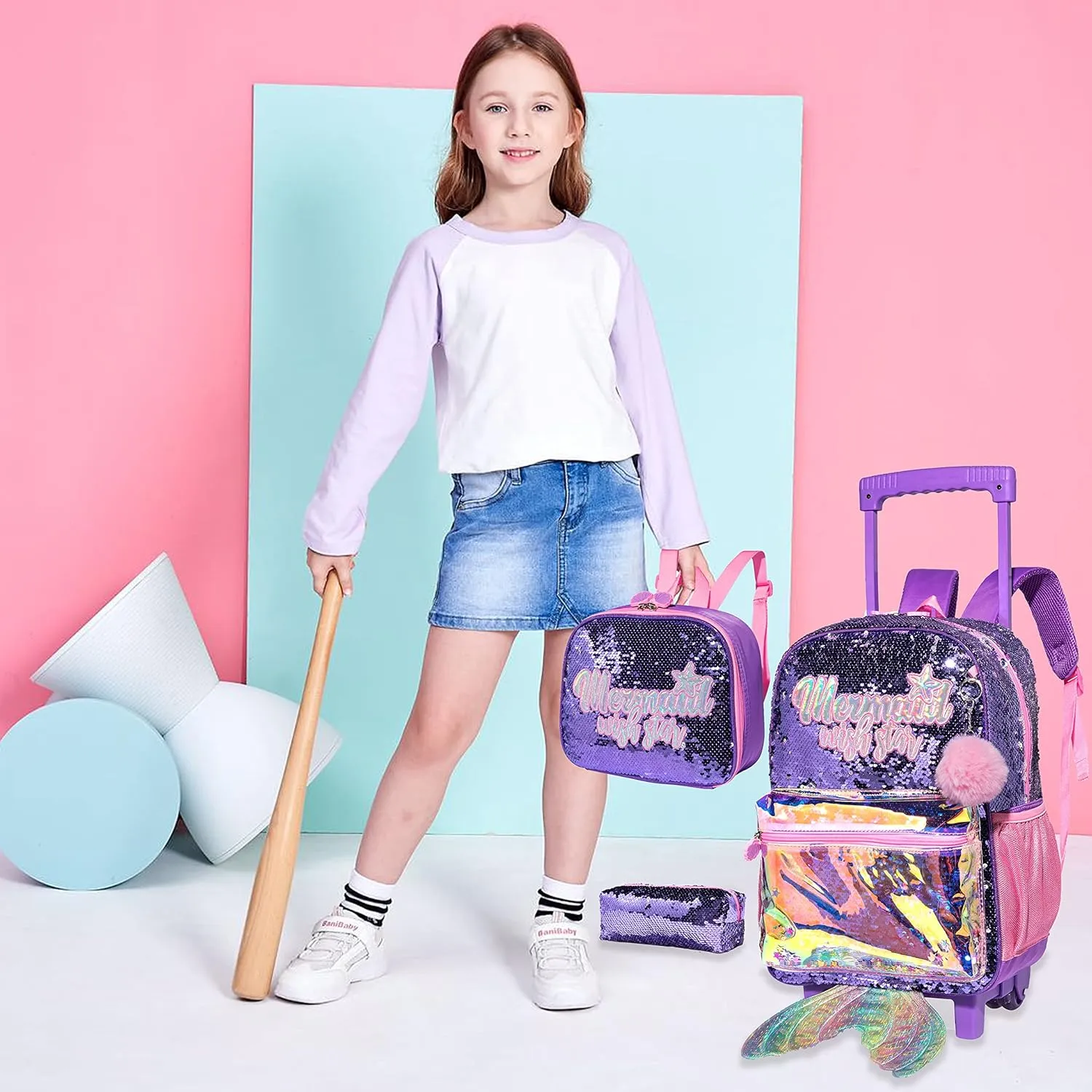 kids Rolling Kid Travel Toddler Duffle Bag Mermaid Backpack for Girls Carry on Luggage Roller Computer Suitcase with Pencil Case and Lunch Box Wheels Wheeled Sequins Backpacks Girls Gradient Purple