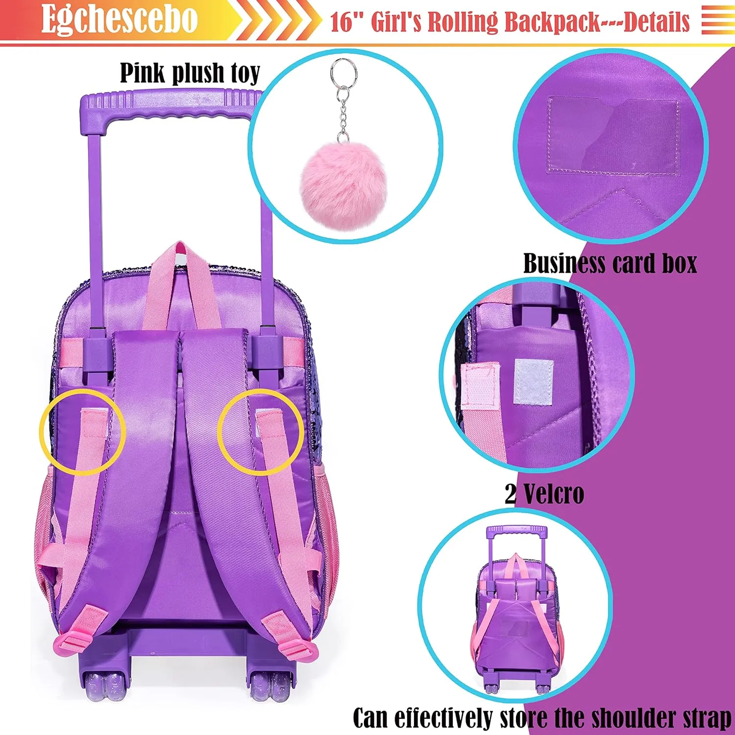 kids Rolling Kid Travel Toddler Duffle Bag Mermaid Backpack for Girls Carry on Luggage Roller Computer Suitcase with Pencil Case and Lunch Box Wheels Wheeled Sequins Backpacks Girls Gradient Purple