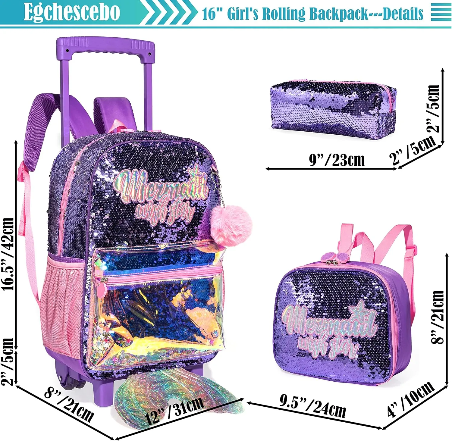 kids Rolling Kid Travel Toddler Duffle Bag Mermaid Backpack for Girls Carry on Luggage Roller Computer Suitcase with Pencil Case and Lunch Box Wheels Wheeled Sequins Backpacks Girls Gradient Purple