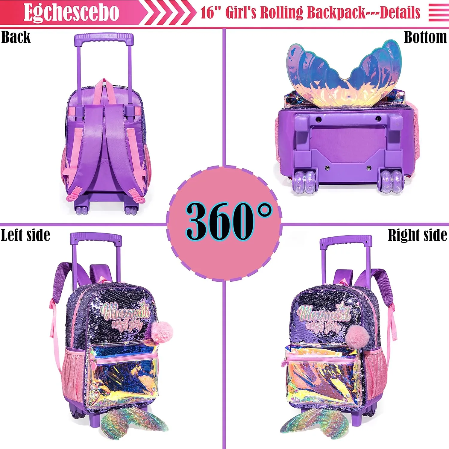 kids Rolling Kid Travel Toddler Duffle Bag Mermaid Backpack for Girls Carry on Luggage Roller Computer Suitcase with Pencil Case and Lunch Box Wheels Wheeled Sequins Backpacks Girls Gradient Purple