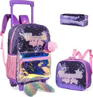 kids Rolling Kid Travel Toddler Duffle Bag Mermaid Backpack for Girls Carry on Luggage Roller Computer Suitcase with Pencil Case and Lunch Box Wheels Wheeled Sequins Backpacks Girls Gradient Purple