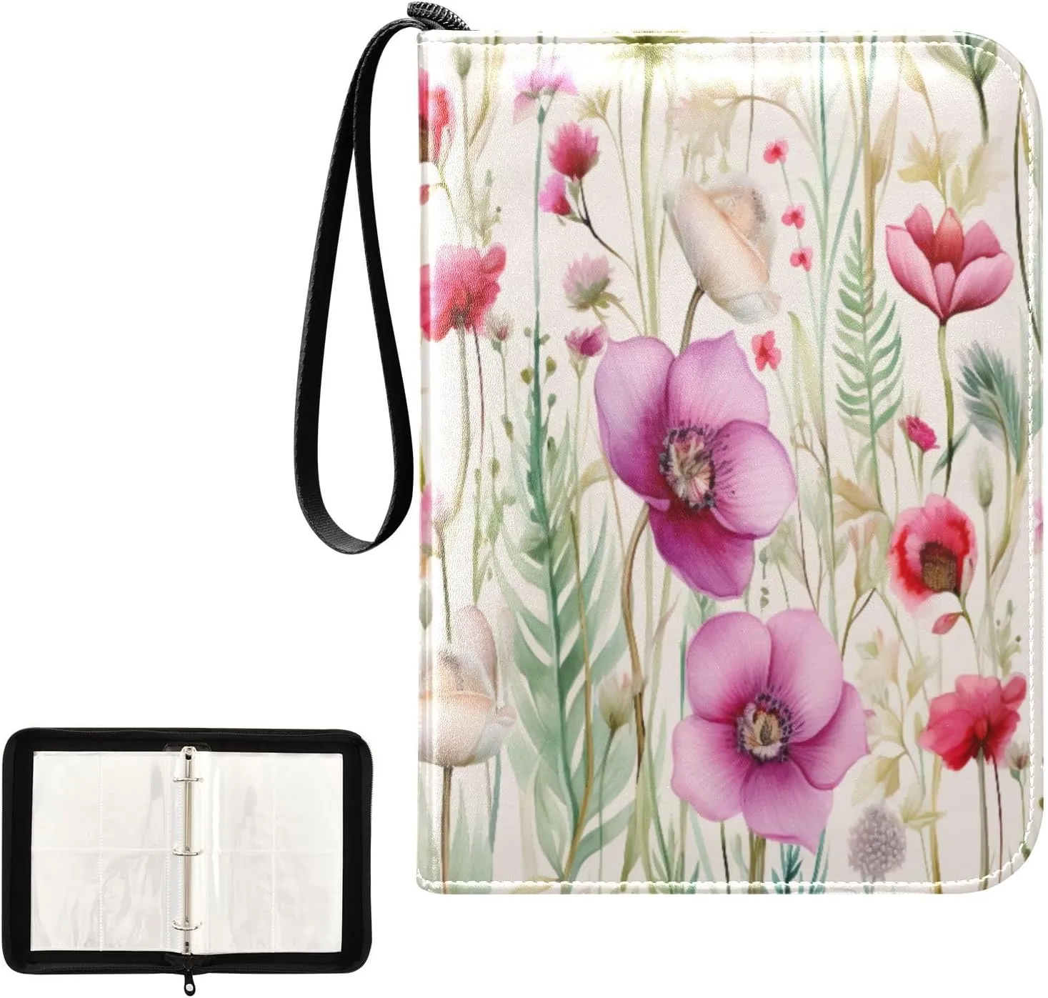 Kigai Colorful Flowers Card Binder 4-Pocket Trading Card Binder Game Card Collection Binder Album Holder with 50 Removable Sleeves Up to 400 Sports Cards