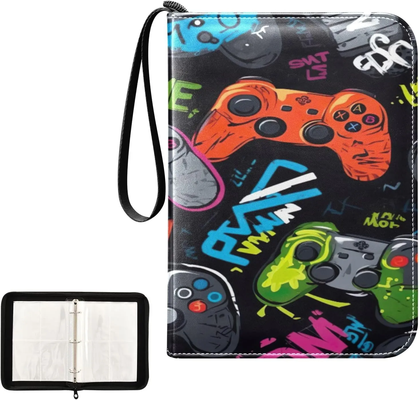 Kigai Colorful Gamepads Card Binder 4-Pocket Trading Card Binder Game Card Collection Binder Album Holder with 50 Removable Sleeves Up to 400 Sports Cards