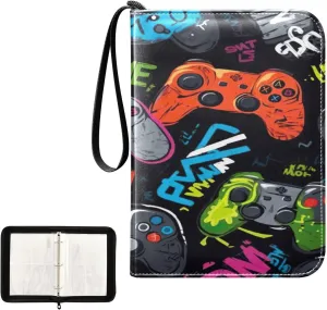 Kigai Colorful Gamepads Card Binder 4-Pocket Trading Card Binder Game Card Collection Binder Album Holder with 50 Removable Sleeves Up to 400 Sports Cards
