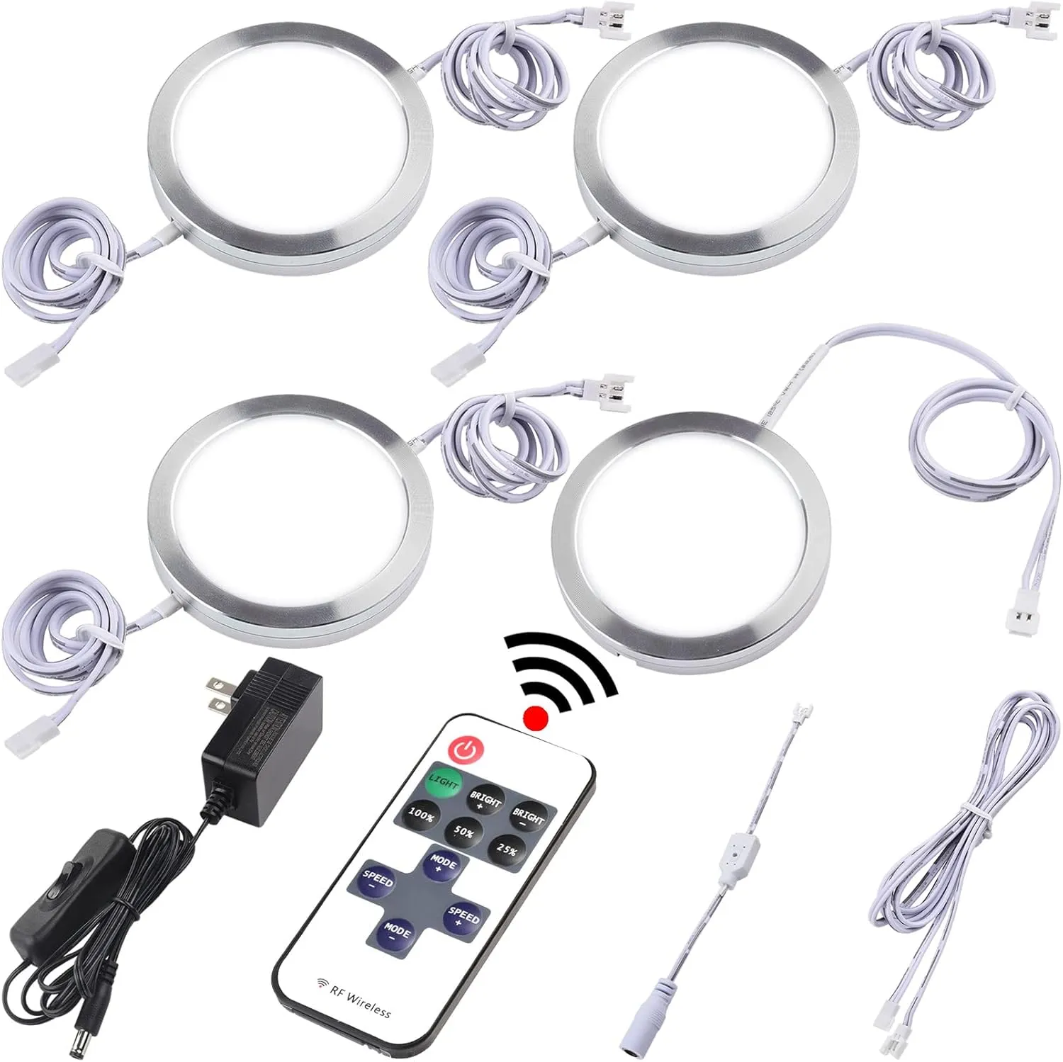 Kitchen Under Cabinet Lights Kit, 120 Volt Wired LED Puck Display Cases Lighting, RF Wireless Remote Control Dimmable, Daisy Chained Linkable, White Wires, Daylight 6000K, 4 Lights