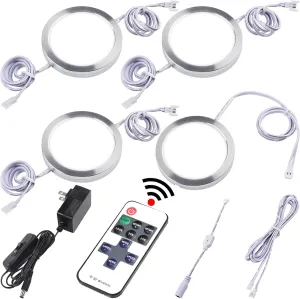 Kitchen Under Cabinet Lights Kit, 120 Volt Wired LED Puck Display Cases Lighting, RF Wireless Remote Control Dimmable, Daisy Chained Linkable, White Wires, Daylight 6000K, 4 Lights