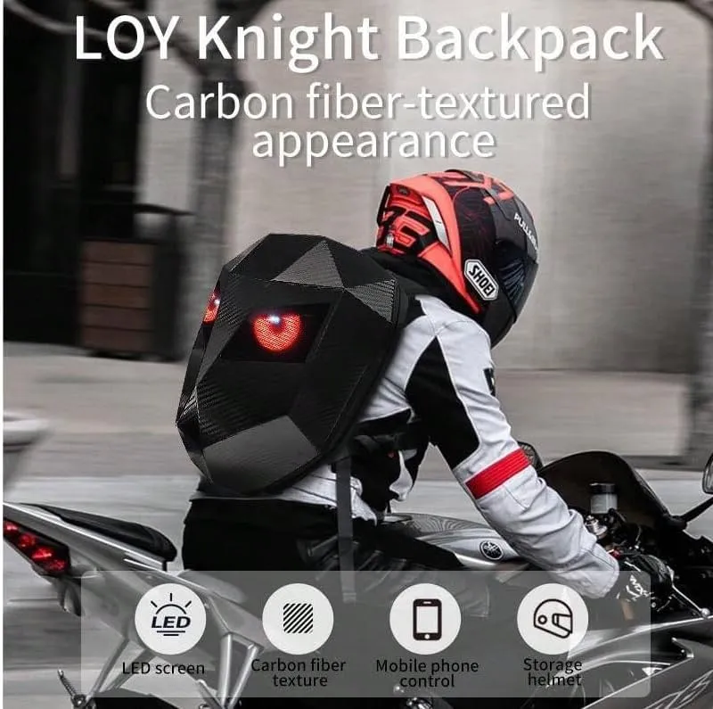Knight LED Motorcycle Backpack, Hard Case Riding Backpack DIY Motorbike Luggage Laptop Bag Waterproof, Large Size 19inch (Carbon fiber)