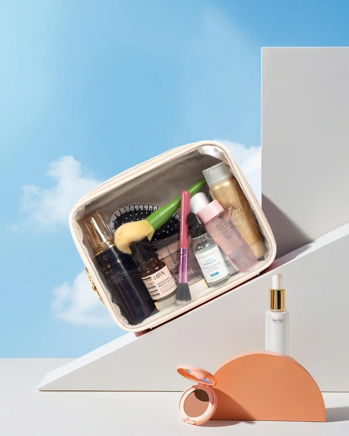 KOTORA TSA Approved Toiletry Bag with Mini Clear Makeup Bag Travel Size Beach Pool Bag Car Accessories for Women Her (2Beige)