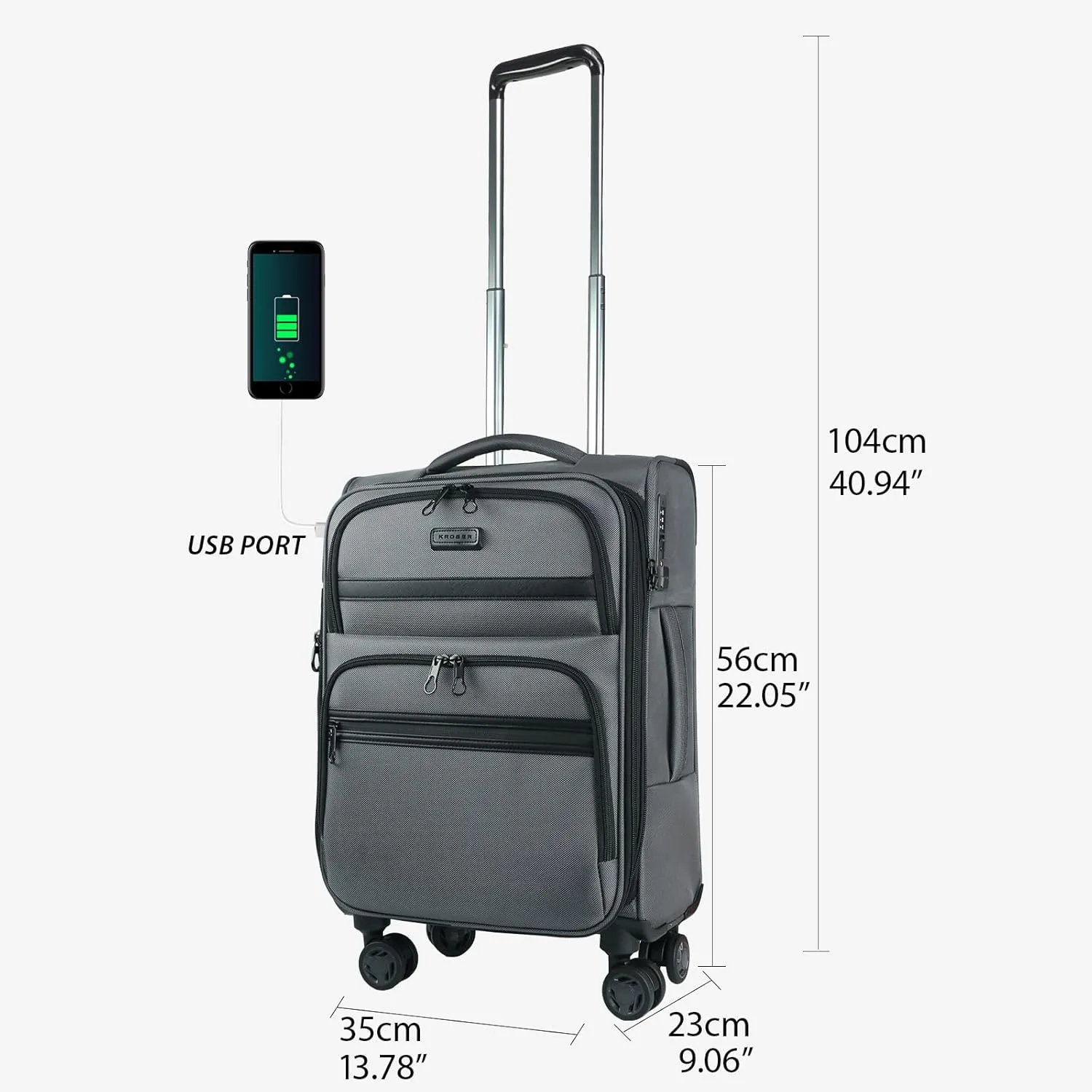 KROSER Softside Expandable Carry On Luggage with Spinner Wheels & Built-in TSA Lock, Durable Suitcase Rolling Luggage with USB Port, Carry-On 20-Inch, Grey